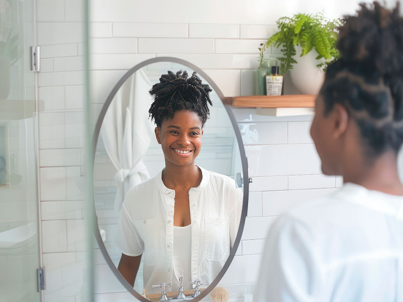 The girl looks at her reflection in the mirror and smiles
