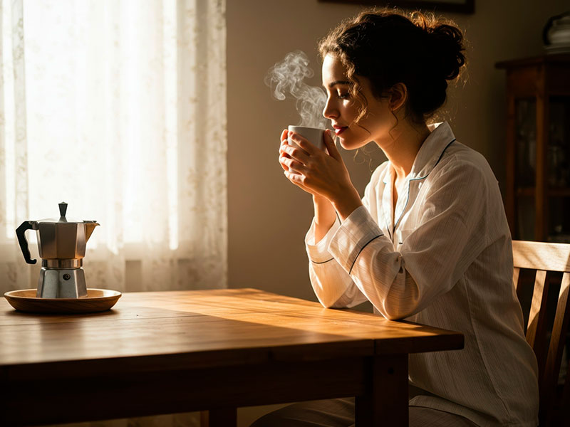 The girl is sitting at the table and drinking coffee