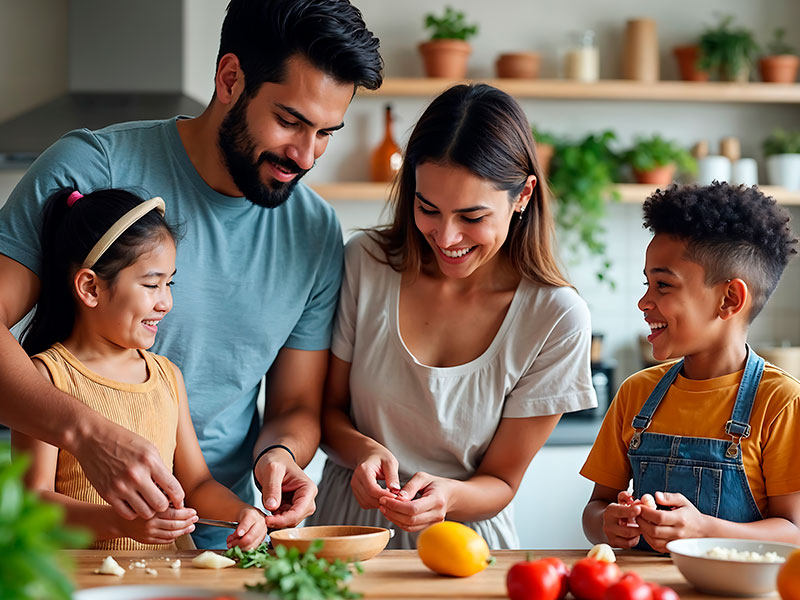 The family is gathered in the kitchen and cooking
