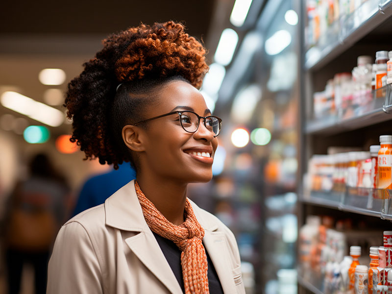 A woman in a pharmacy chooses medications for ADHD