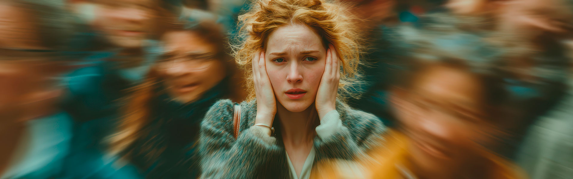 The girl has a panic attack in the crowd and she clutches her temples