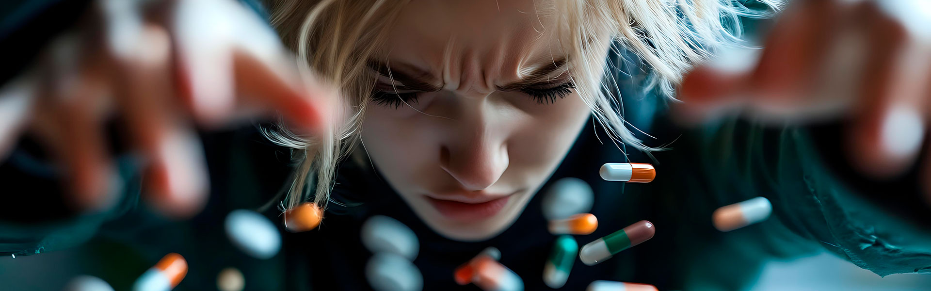 The pills hovered in the air against the background of a frowning girl